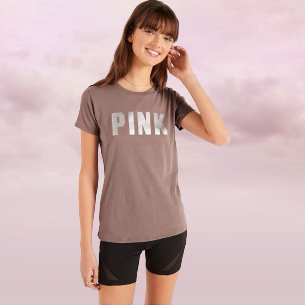 PINK BRAND - SHORT SLEEVE T-SHIRT, SIZE=ICED COFFE BROWN W/SILVER LOGO, SZ. MED
